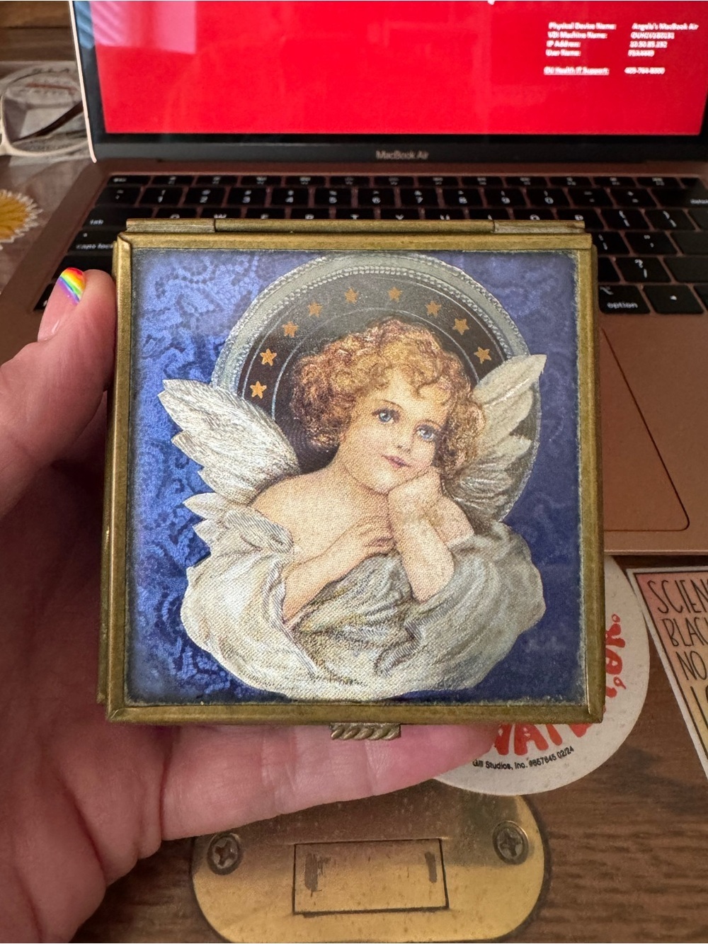 Vintage 1993 Enesco Thomas Cathey Blue Glass Angel Jewelry Box